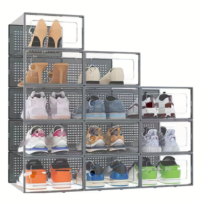 Shoe Boxes Clear Stackable with Lid 12/24pcs – Thickened Transparent Foldable Sneaker Storage Organizer for Entryway Bedroom Closet Dorm, Black White Gray