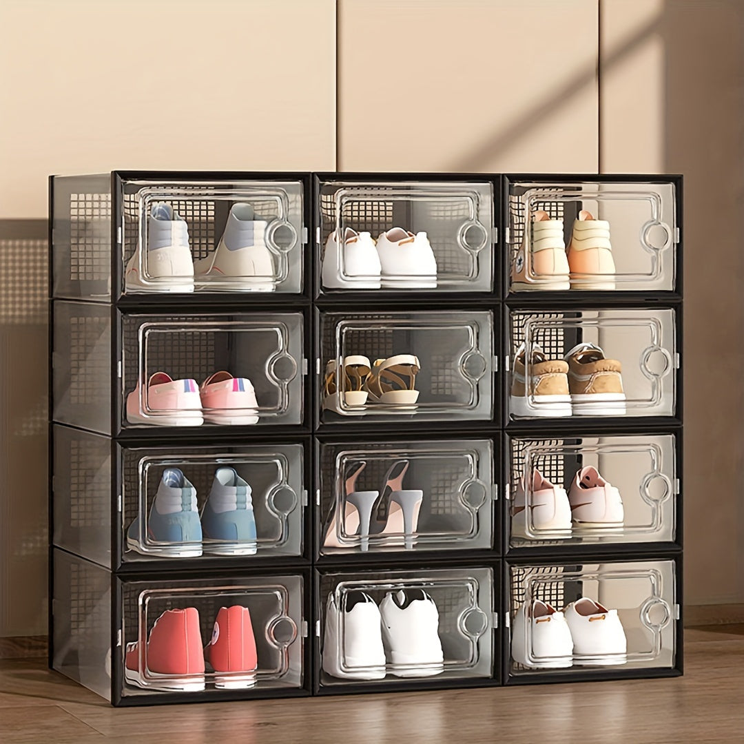 Shoe Boxes Clear Stackable with Lid 12/24pcs – Thickened Transparent Foldable Sneaker Storage Organizer for Entryway Bedroom Closet Dorm, Black White Gray