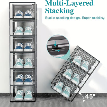 Shoe Boxes Clear Stackable with Lid 12/24pcs – Thickened Transparent Foldable Sneaker Storage Organizer for Entryway Bedroom Closet Dorm, Black White Gray