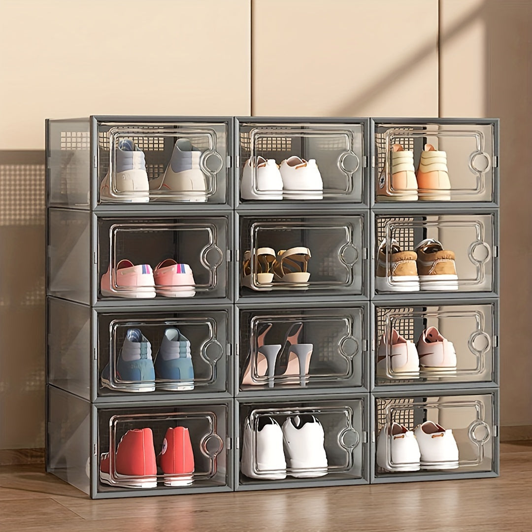 Shoe Boxes Clear Stackable with Lid 12/24pcs – Thickened Transparent Foldable Sneaker Storage Organizer for Entryway Bedroom Closet Dorm, Black White Gray