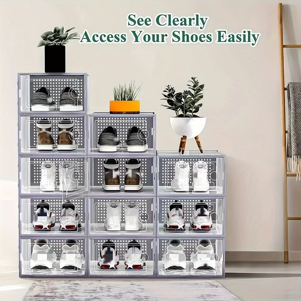 Shoe Boxes Clear Stackable with Lid 12/24pcs – Thickened Transparent Foldable Sneaker Storage Organizer for Entryway Bedroom Closet Dorm, Black White Gray