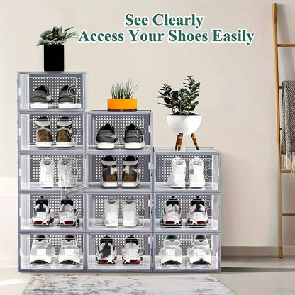 Shoe Boxes Clear Stackable with Lid 12/24pcs – Thickened Transparent Foldable Sneaker Storage Organizer for Entryway Bedroom Closet Dorm, Black White Gray