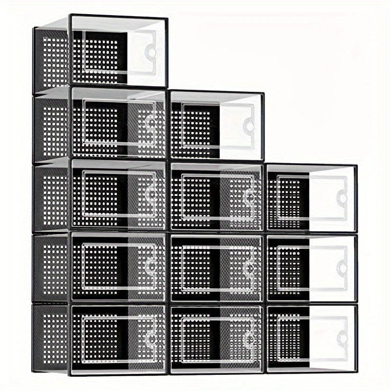 Shoe Boxes Clear Stackable with Lid 12/24pcs – Thickened Transparent Foldable Sneaker Storage Organizer for Entryway Bedroom Closet Dorm, Black White Gray