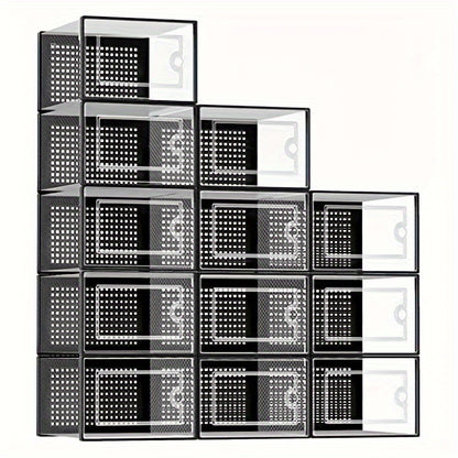 Shoe Boxes Clear Stackable with Lid 12/24pcs – Thickened Transparent Foldable Sneaker Storage Organizer for Entryway Bedroom Closet Dorm, Black White Gray