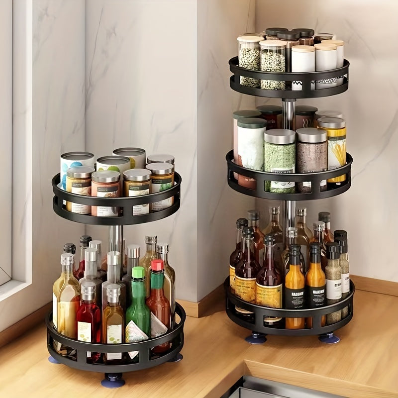 3-Layer Rotating Spice Rack Organizer – Metal Turntable Seasoning Storage for Kitchen Counter, Spice Jar Holder, Black & White