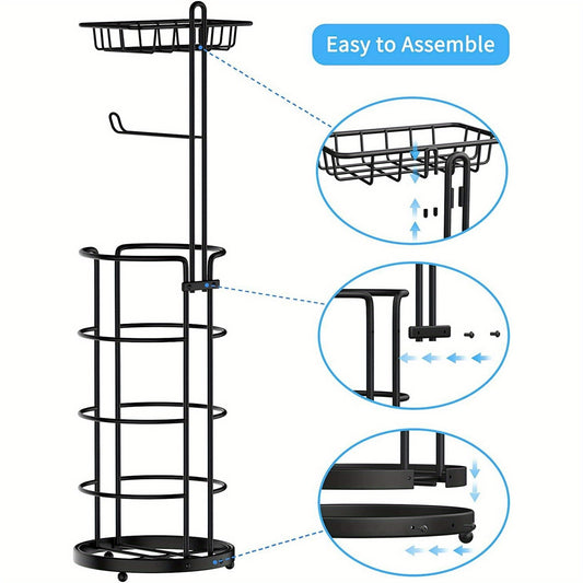 Freestanding Toilet Paper Holder with Shelf Floor Standing Bathroom Tissue Roll Organizer Holds 4 Rolls No Drilling Required for Bathroom Bedroom Balcony Black
