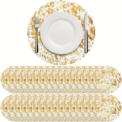 Gold Round Disposable Placemats Doilies 50 or 100 Pack, Decorative Golden Foil Mesh Pressed Table Doilies for Dining Table Wedding Party Holiday Home Decor, Thin Mesh Table Pad Charger Liner