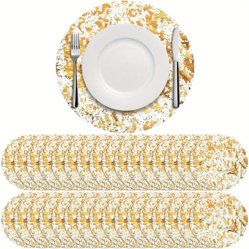Gold Round Disposable Placemats Doilies 50 or 100 Pack, Decorative Golden Foil Mesh Pressed Table Doilies for Dining Table Wedding Party Holiday Home Decor, Thin Mesh Table Pad Charger Liner