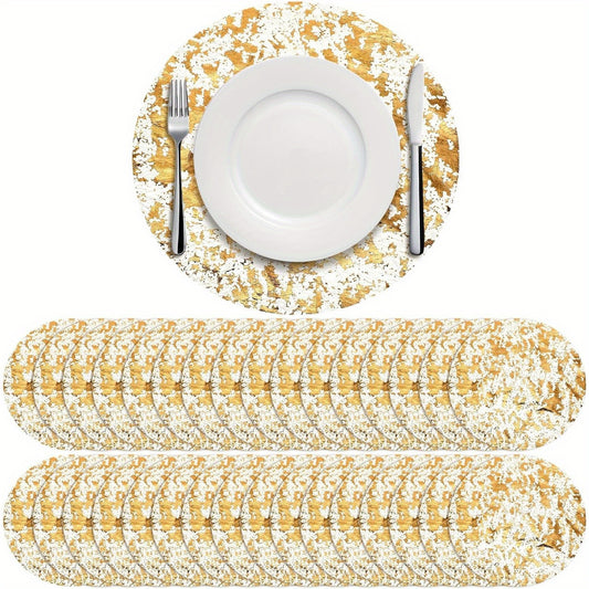Gold Round Disposable Placemats Doilies 50 or 100 Pack, Decorative Golden Foil Mesh Pressed Table Doilies for Dining Table Wedding Party Holiday Home Decor, Thin Mesh Table Pad Charger Liner