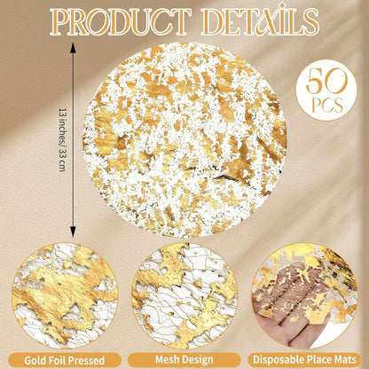 Gold Round Disposable Placemats Doilies 50 or 100 Pack, Decorative Golden Foil Mesh Pressed Table Doilies for Dining Table Wedding Party Holiday Home Decor, Thin Mesh Table Pad Charger Liner