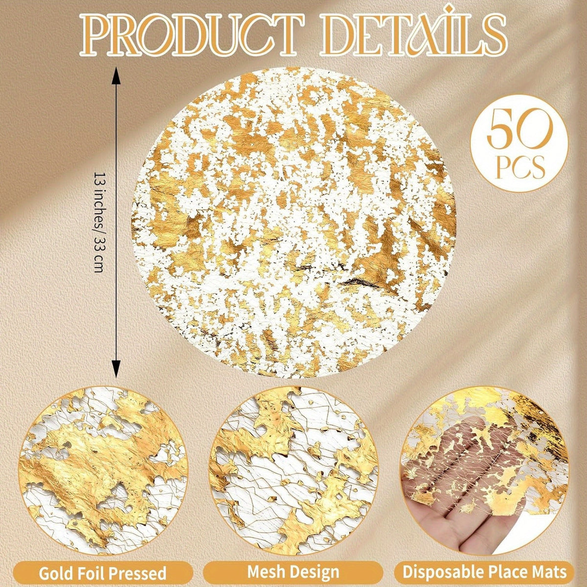 Gold Round Disposable Placemats Doilies 50 or 100 Pack, Decorative Golden Foil Mesh Pressed Table Doilies for Dining Table Wedding Party Holiday Home Decor, Thin Mesh Table Pad Charger Liner