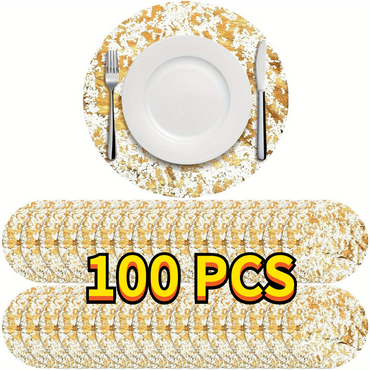 Gold Round Disposable Placemats Doilies 50 or 100 Pack, Decorative Golden Foil Mesh Pressed Table Doilies for Dining Table Wedding Party Holiday Home Decor, Thin Mesh Table Pad Charger Liner