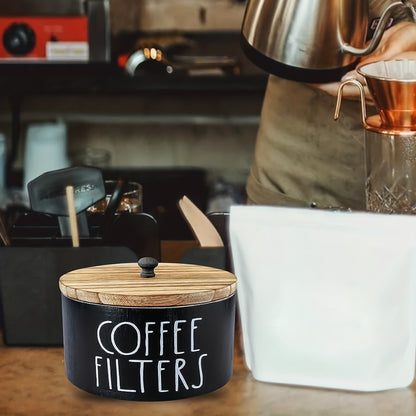 Wooden Coffee Filter Holder with Lid Rustic Farmhouse Style Solid Wood Coffee Filter Storage Container for Kitchen Countertop Coffee Bar Decor Dust-Proof Easy Clean White