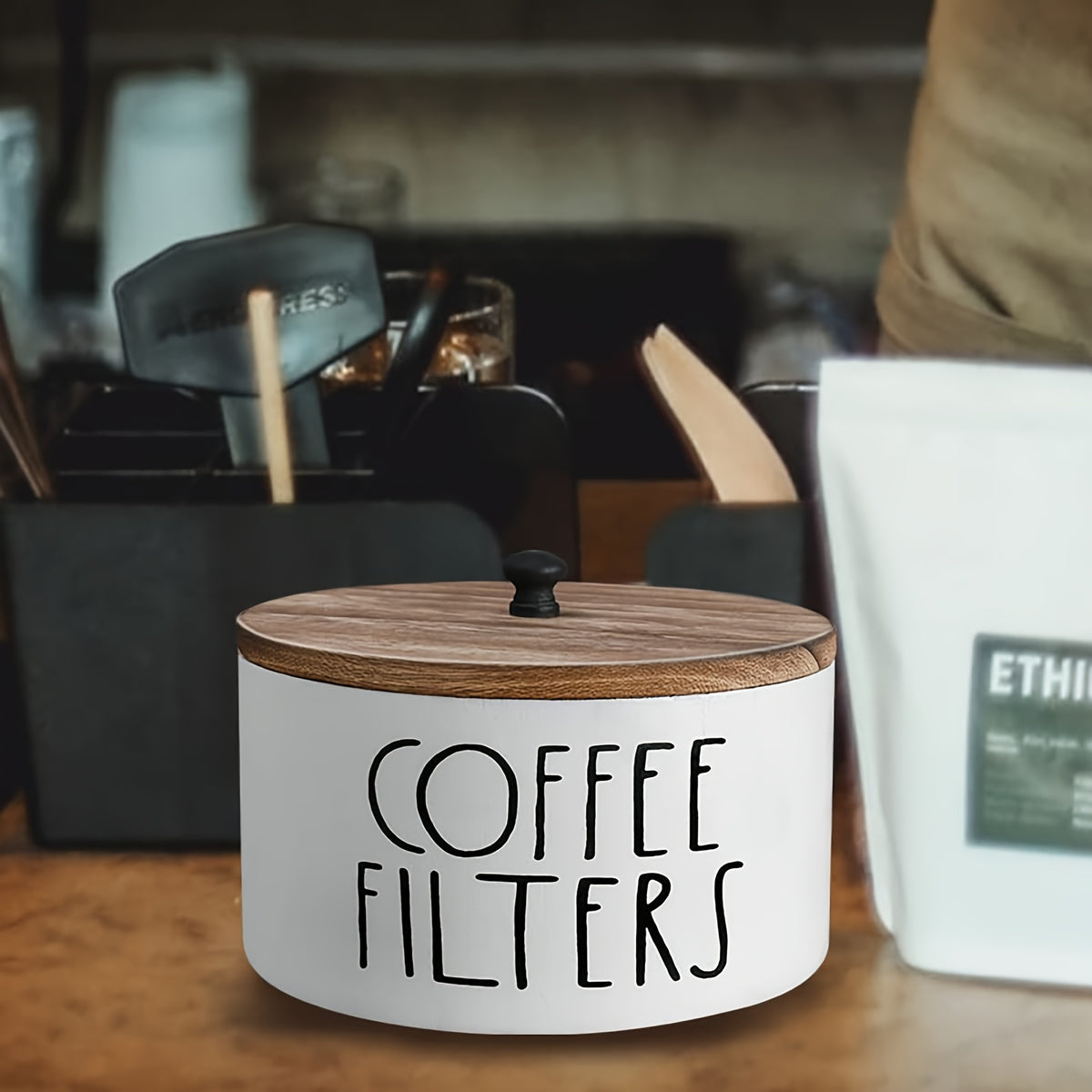Wooden Coffee Filter Holder with Lid Rustic Farmhouse Style Solid Wood Coffee Filter Storage Container for Kitchen Countertop Coffee Bar Decor Dust-Proof Easy Clean White