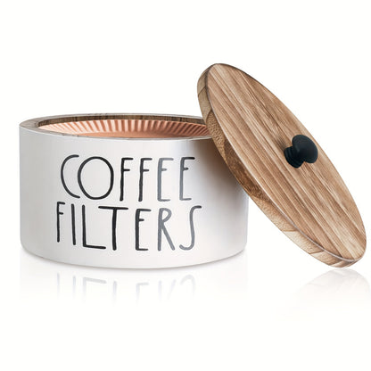 Wooden Coffee Filter Holder with Lid Rustic Farmhouse Style Solid Wood Coffee Filter Storage Container for Kitchen Countertop Coffee Bar Decor Dust-Proof Easy Clean White