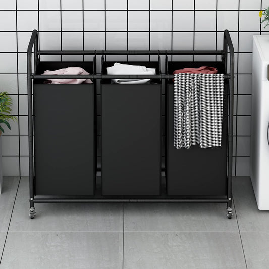 Laundry Basket 3-Bag Sorter Cart 63 Gallon Rolling Lockable Wheels Removable Bags Heavy Duty Hamper for Bedroom Laundry Room Black Gray Beige Brown