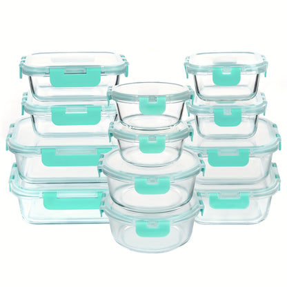 Glass Food Storage Containers 24 Piece Set – Borosilicate Glass Meal Prep Containers with Airtight Lids, Microwave & Dishwasher Safe, Multi-Size for Kitchen Food Storage, Lunch & Leftovers