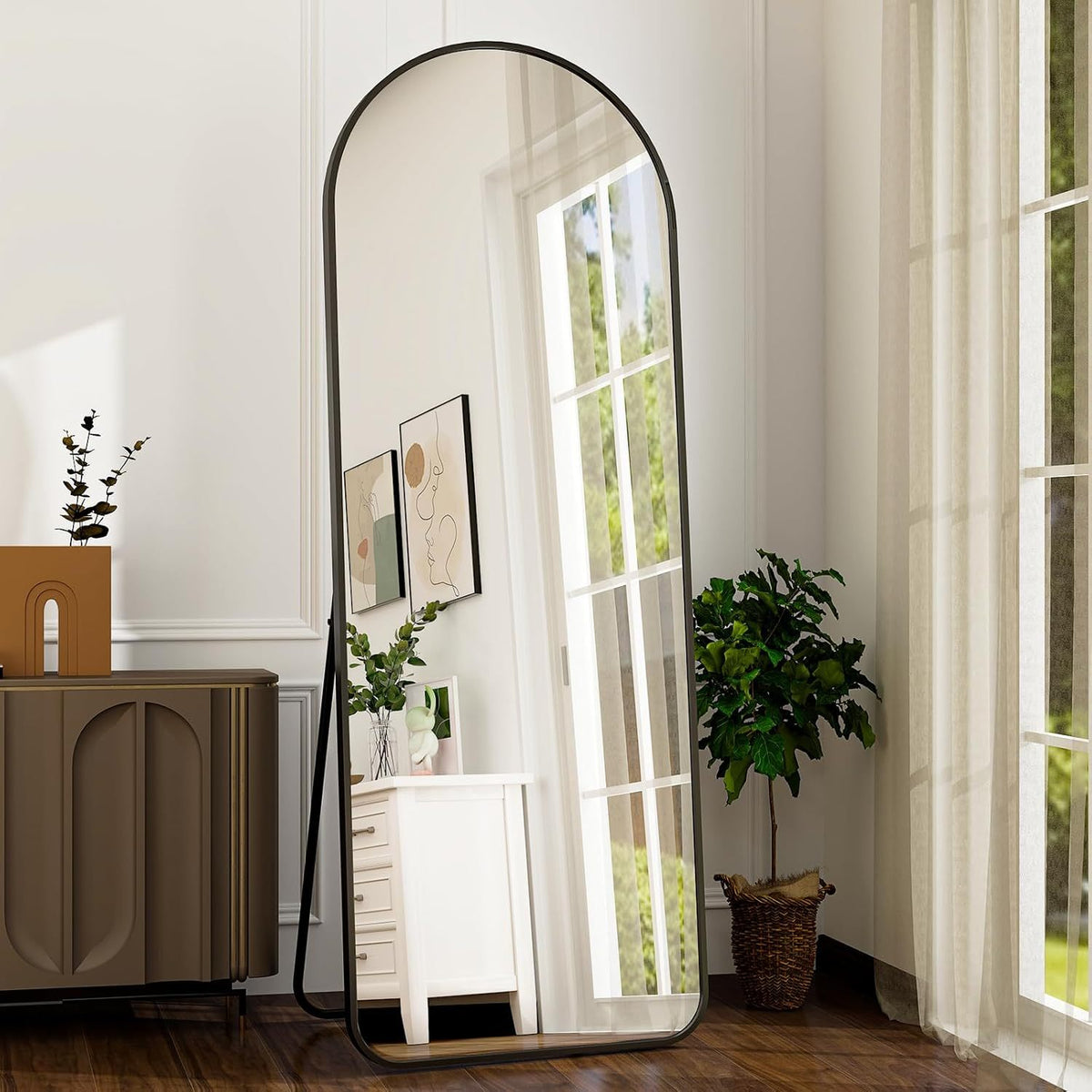 Full Length Floor Mirror with Aluminum Alloy Arch Frame – HD Full Body Standing Mirror for Bedroom Living Room Entryway, Freestanding Leaning Wall Mirror Modern Arched Vanity Mirror Home Decor