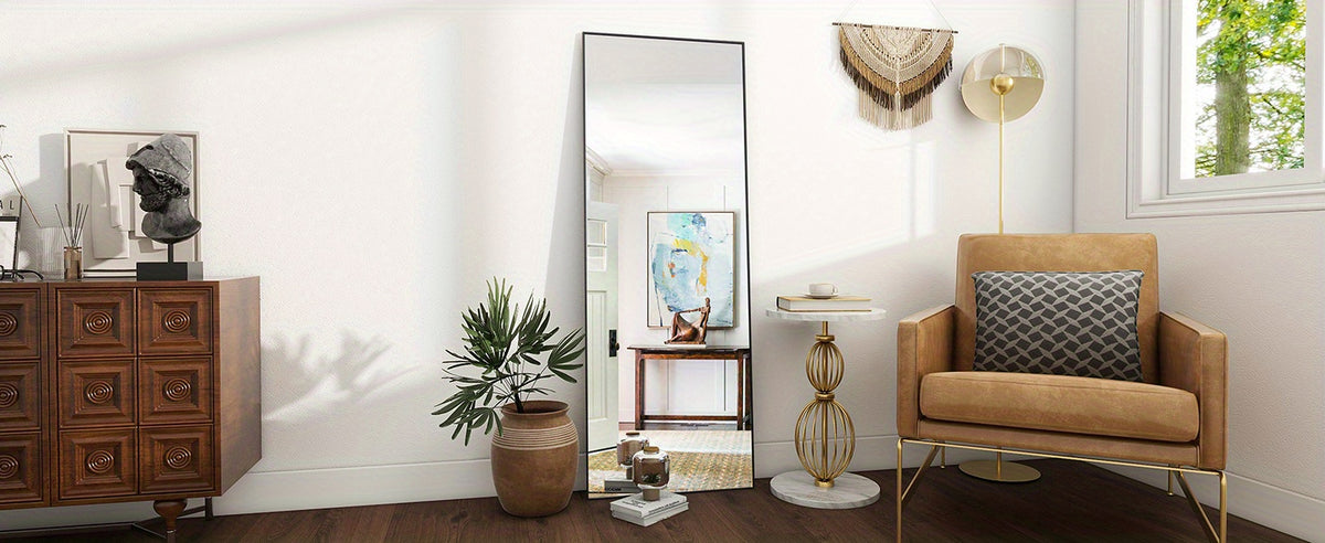 Full Length Mirror with Stand, Floor Mirror Aluminum Alloy Frame, Full Body Mirror Standing Hanging Leaning Against Wall for Bedroom Living Room