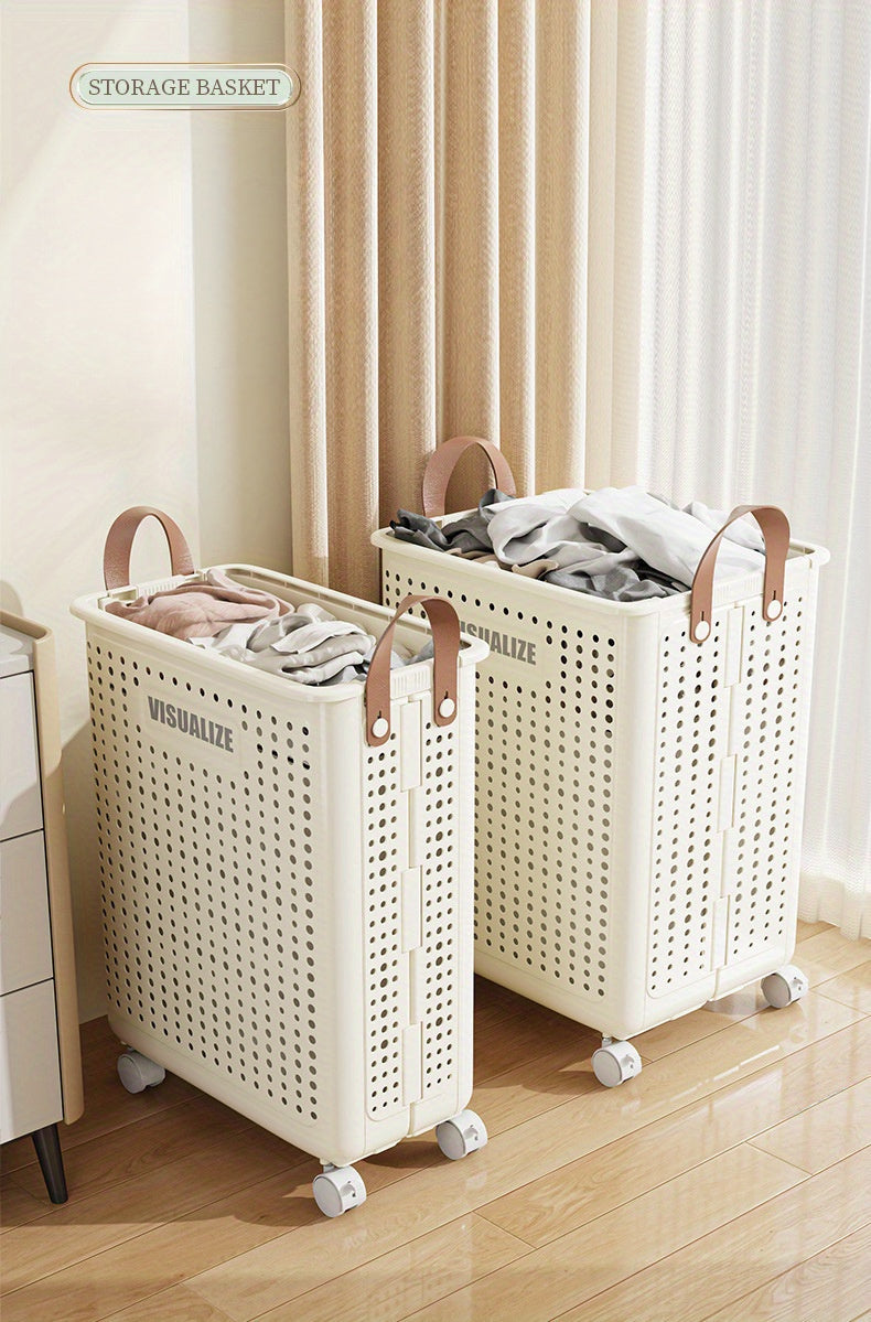 Laundry Basket with Wheels Extra Large Foldable - Breathable Rolling Laundry Hamper with Faux Leather Handles, Collapsible Space-Saving Clothes Storage Bin for Bathroom, Bedroom & Dorm, White Cream