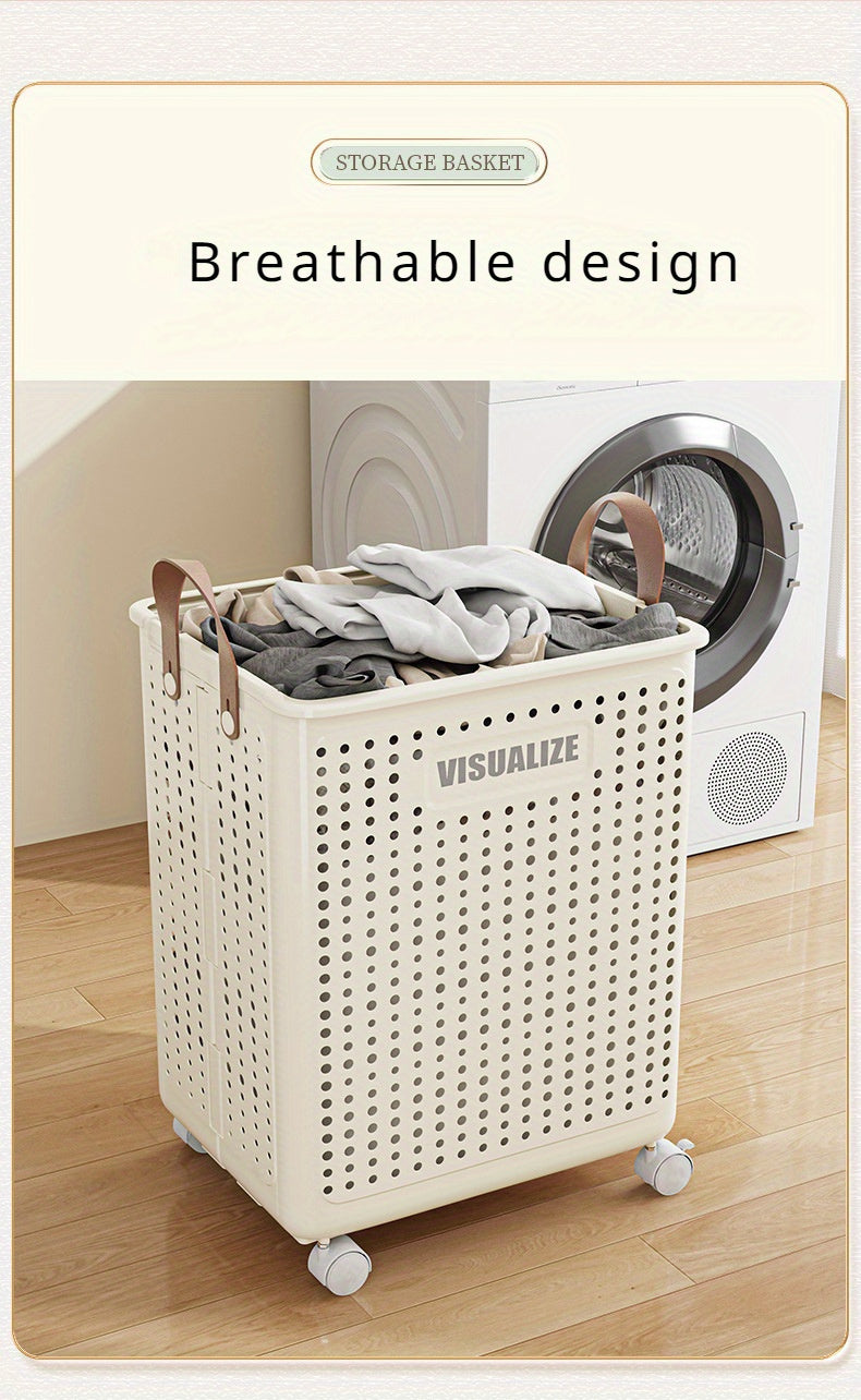 Laundry Basket with Wheels Extra Large Foldable - Breathable Rolling Laundry Hamper with Faux Leather Handles, Collapsible Space-Saving Clothes Storage Bin for Bathroom, Bedroom & Dorm, White Cream