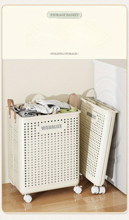 Laundry Basket with Wheels Extra Large Foldable - Breathable Rolling Laundry Hamper with Faux Leather Handles, Collapsible Space-Saving Clothes Storage Bin for Bathroom, Bedroom & Dorm, White Cream