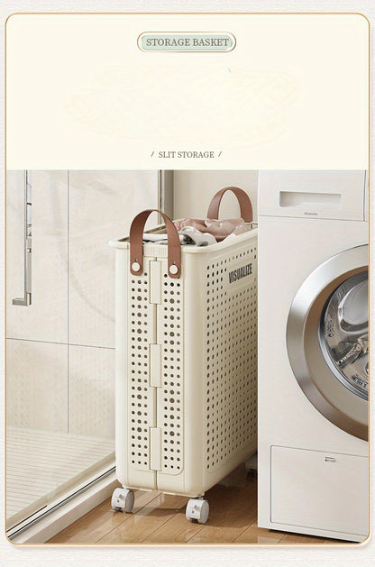 Laundry Basket with Wheels Extra Large Foldable - Breathable Rolling Laundry Hamper with Faux Leather Handles, Collapsible Space-Saving Clothes Storage Bin for Bathroom, Bedroom & Dorm, White Cream