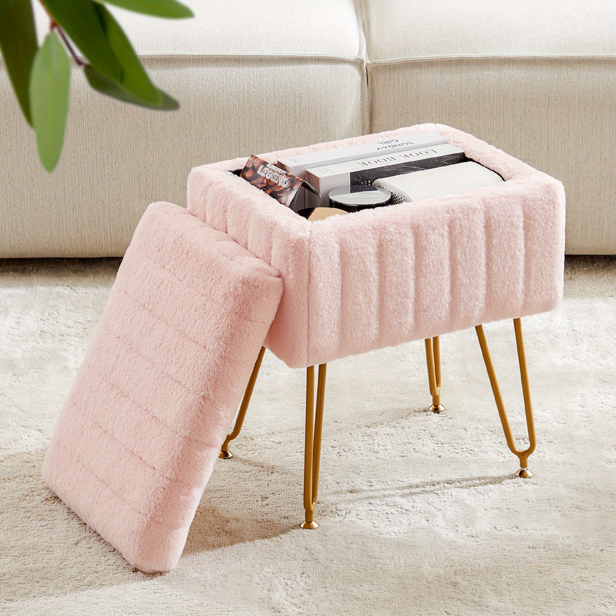 Faux Fur Storage Chair with 4 Metal Legs Non-Slip Feet – Soft Furry Seat Cushion Modern Multi-Functional Accent Chair for Bedroom Living Room, Pink White Grey
