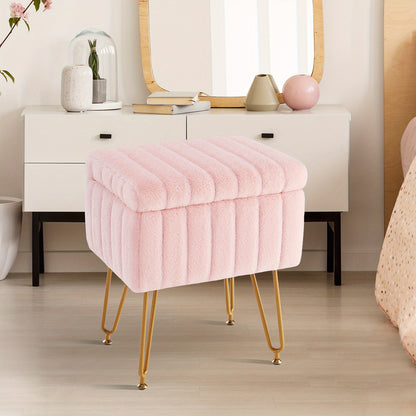 Faux Fur Storage Chair with 4 Metal Legs Non-Slip Feet – Soft Furry Seat Cushion Modern Multi-Functional Accent Chair for Bedroom Living Room, Pink White Grey