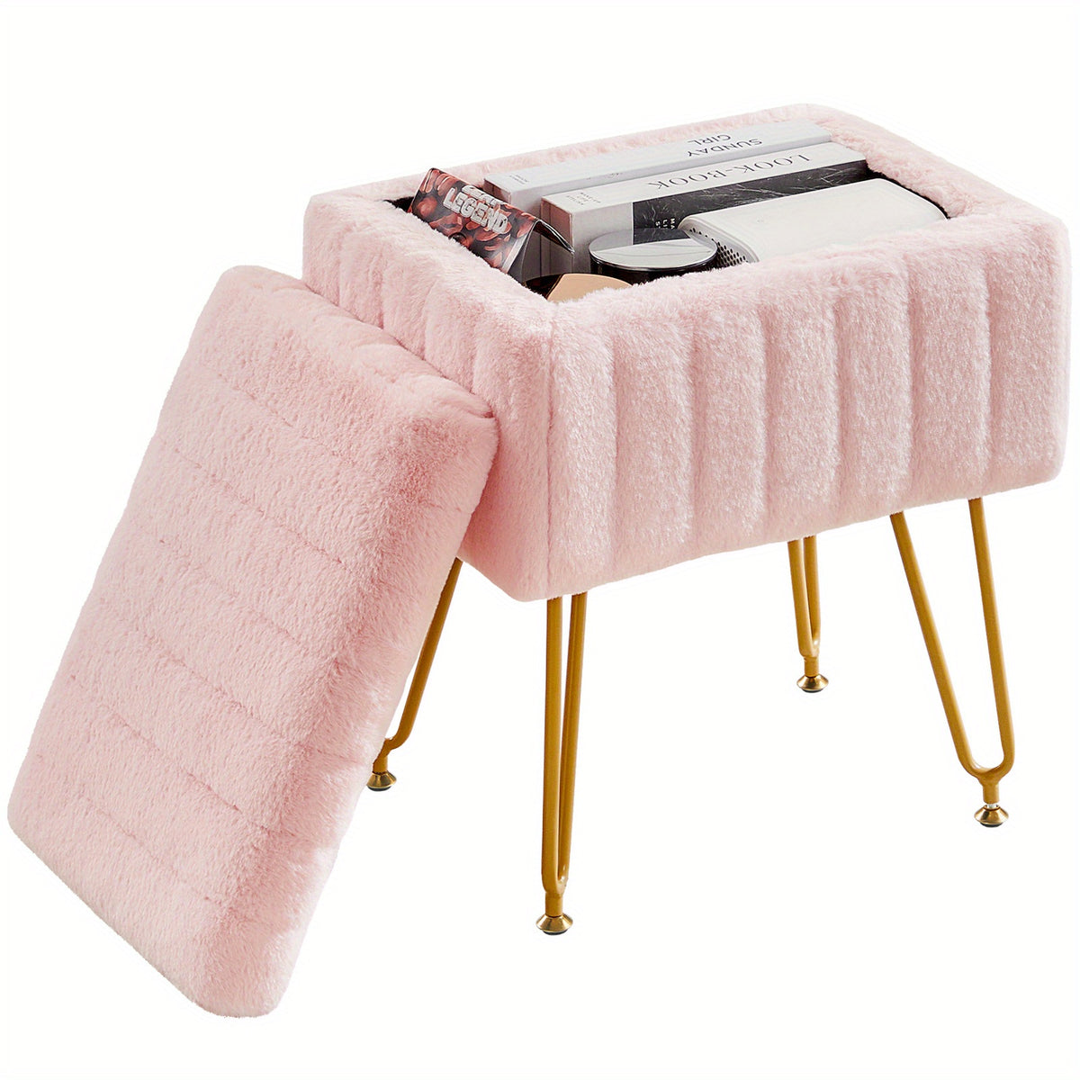Faux Fur Storage Chair with 4 Metal Legs Non-Slip Feet – Soft Furry Seat Cushion Modern Multi-Functional Accent Chair for Bedroom Living Room, Pink White Grey