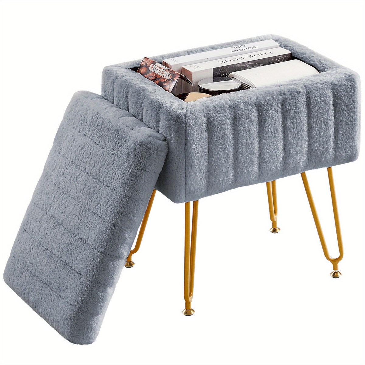 Faux Fur Storage Chair with 4 Metal Legs Non-Slip Feet – Soft Furry Seat Cushion Modern Multi-Functional Accent Chair for Bedroom Living Room, Pink White Grey
