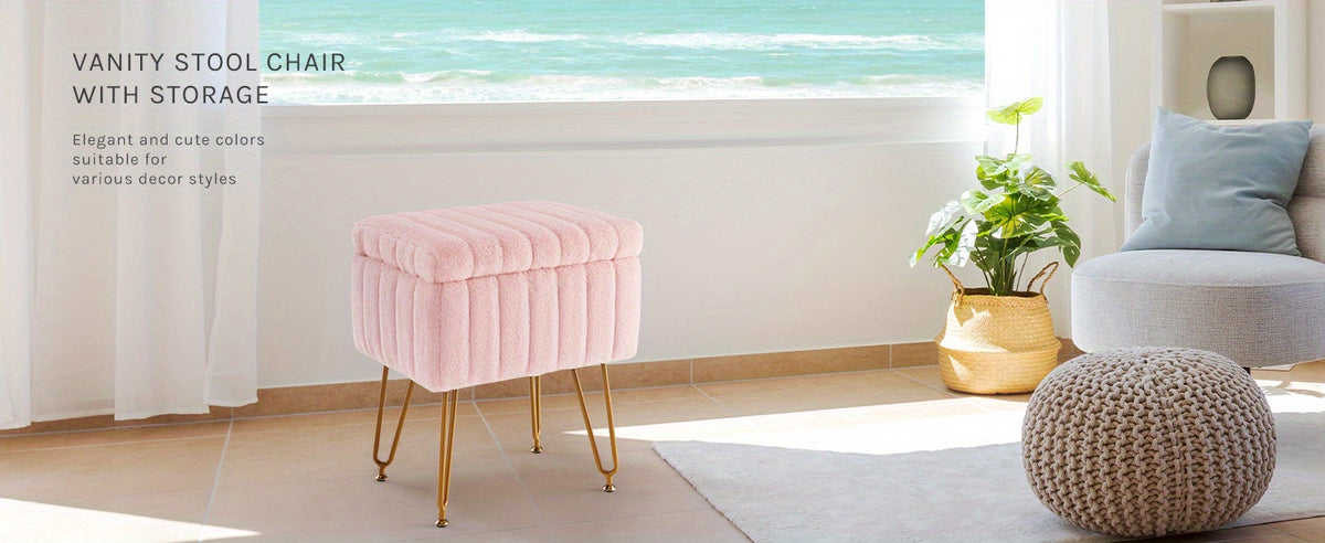 Faux Fur Storage Chair with 4 Metal Legs Non-Slip Feet – Soft Furry Seat Cushion Modern Multi-Functional Accent Chair for Bedroom Living Room, Pink White Grey