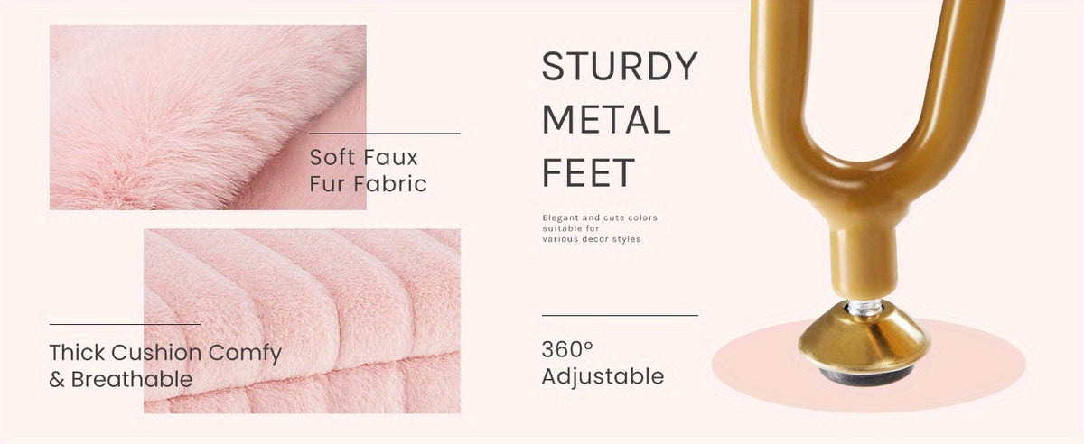 Faux Fur Storage Chair with 4 Metal Legs Non-Slip Feet – Soft Furry Seat Cushion Modern Multi-Functional Accent Chair for Bedroom Living Room, Pink White Grey