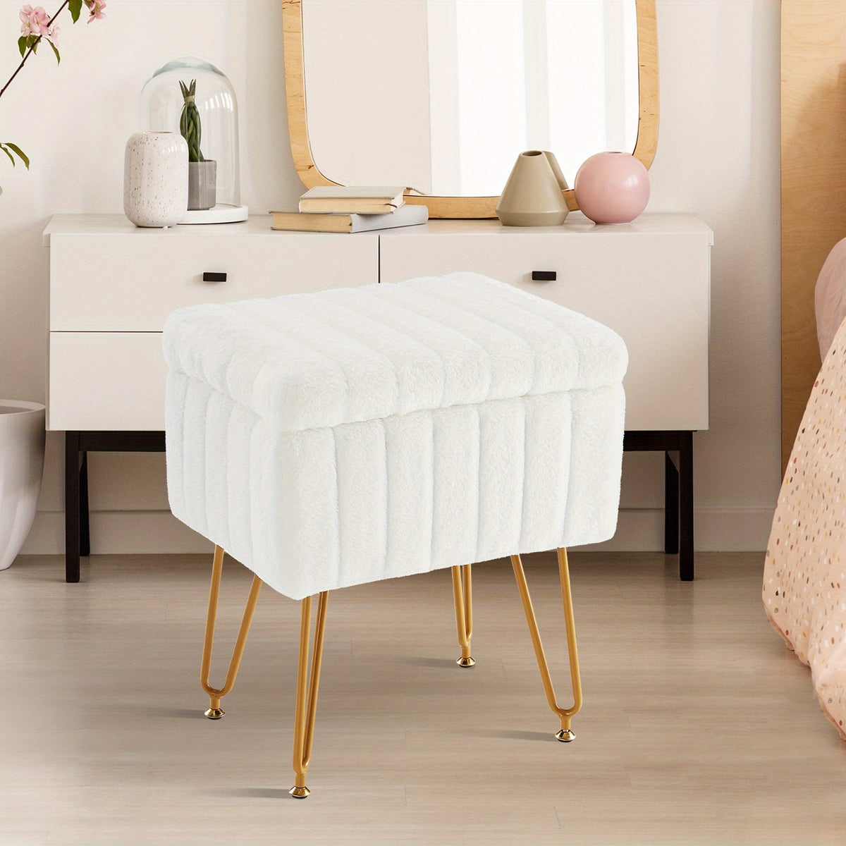 Faux Fur Storage Chair with 4 Metal Legs Non-Slip Feet – Soft Furry Seat Cushion Modern Multi-Functional Accent Chair for Bedroom Living Room, Pink White Grey