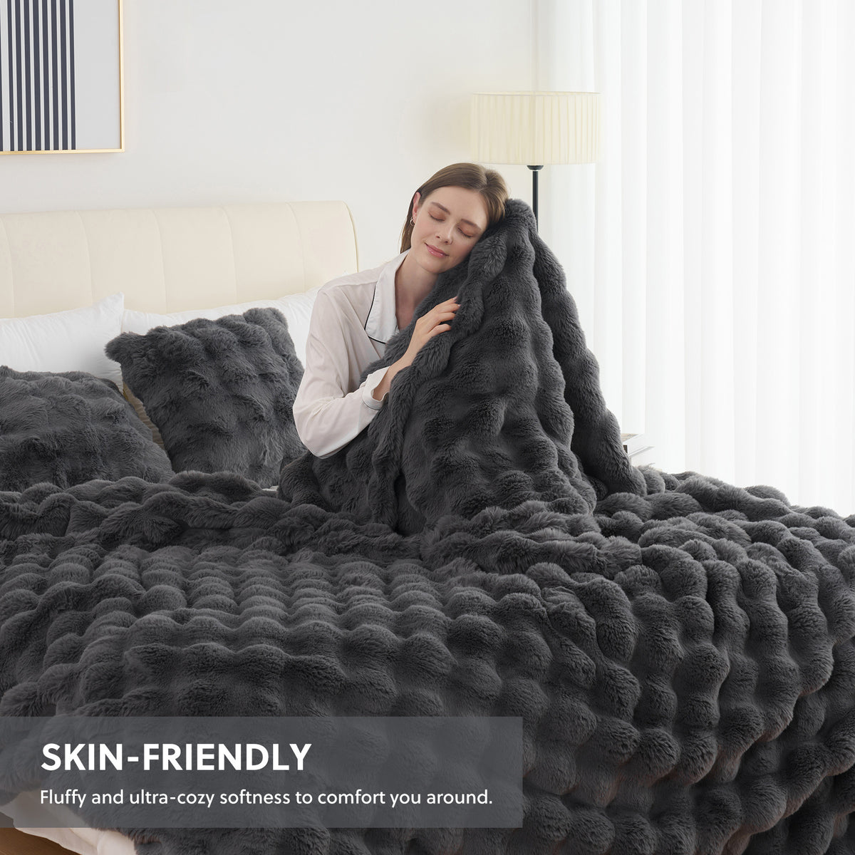 Faux Rabbit Fur Throw Blanket - Ultra Soft Plush Fleece Blanket for Bed Couch Sofa, Warm Fuzzy Blanket in Multiple Colors & Sizes, Throw Twin Queen King, Cozy Bedroom Living Room Blanket
