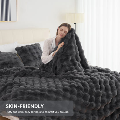Faux Rabbit Fur Throw Blanket - Ultra Soft Plush Fleece Blanket for Bed Couch Sofa, Warm Fuzzy Blanket in Multiple Colors & Sizes, Throw Twin Queen King, Cozy Bedroom Living Room Blanket