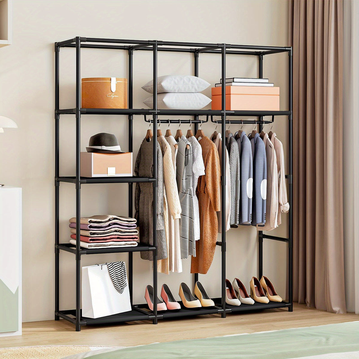 Portable Wardrobe Closet Organizer 51 Inch – Metal Hanging Rack with Non-Woven Fabric Cover, Freestanding Clothes Storage for Bedroom Apartment Dorm