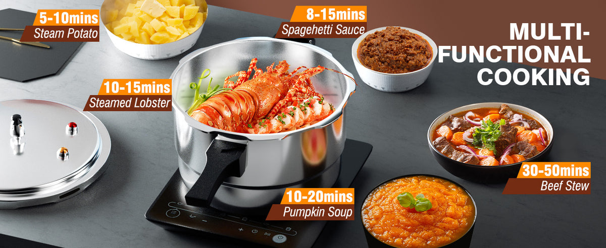 Pressure Cooker Aluminum 6QT 8QT 10QT with Release Valve & Safety Features, Compatible with Gas & Induction Cooktops, Stovetop Pressure Cooker with Canner Rack for Canning Cooking, Silver