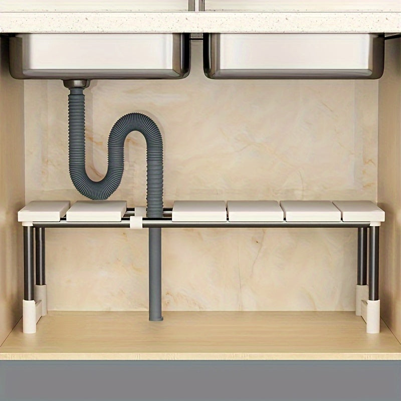 Under Sink Organizer Adjustable Stainless Steel & Plastic Cabinet Storage Shelf for Kitchen and Bathroom, Multi-Functional Pot Holder Rack, Space-Saving Single Layer Design – Easy to Install