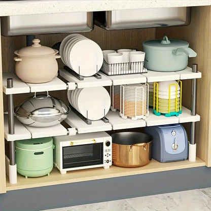 Under Sink Organizer Adjustable Stainless Steel & Plastic Cabinet Storage Shelf for Kitchen and Bathroom, Multi-Functional Pot Holder Rack, Space-Saving Single Layer Design – Easy to Install