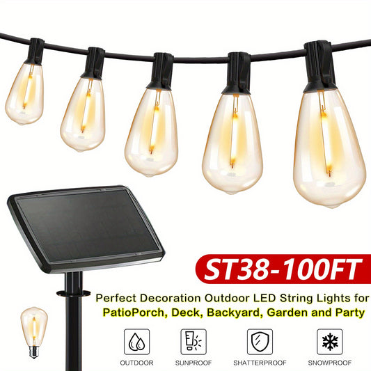 Solar Outdoor String Lights 50FT 100FT 2700K Warm White Patio String Lights USB Rechargeable Breakproof ST38 Bulb Weather Resistant for Backyard Porch Pool Garden