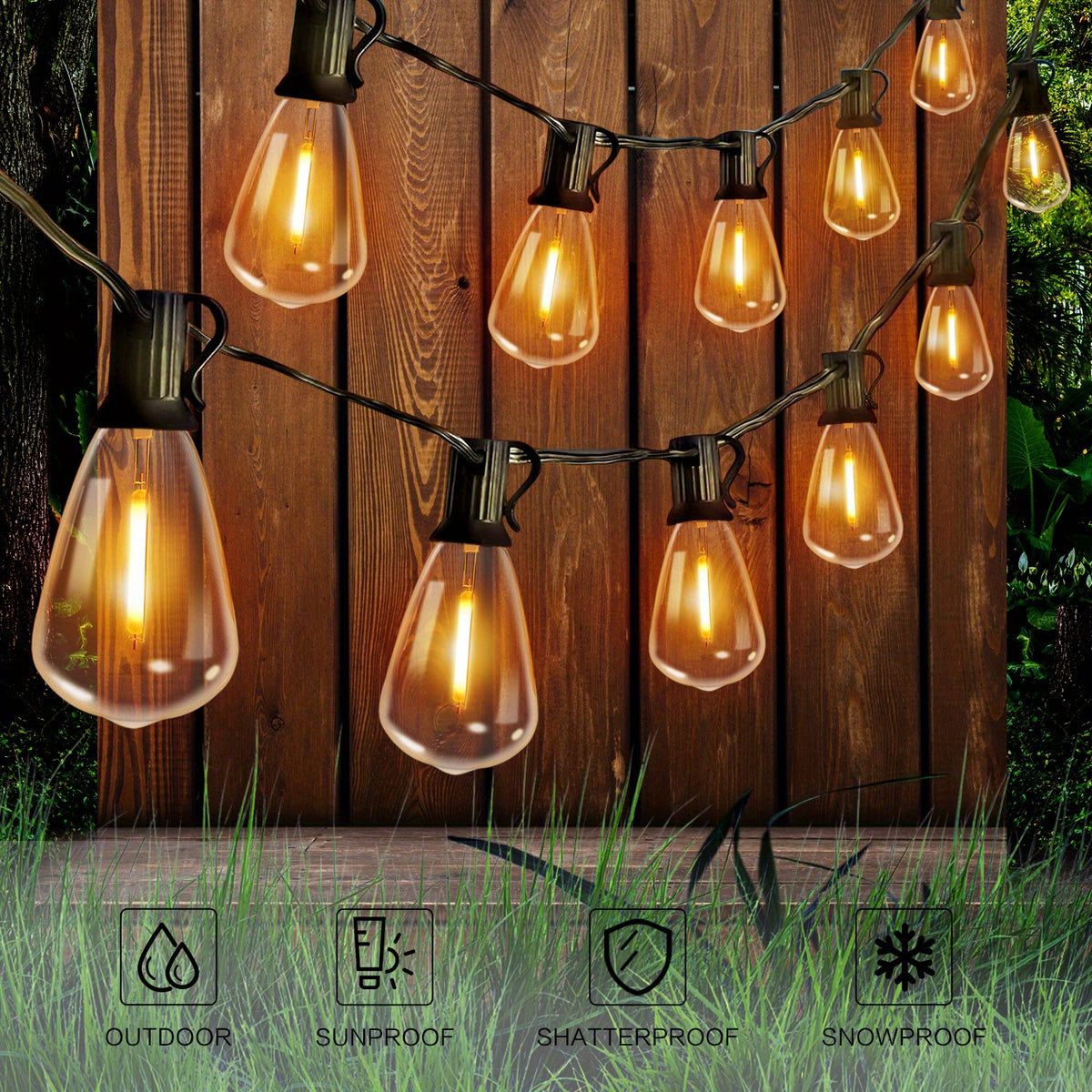 Solar Outdoor String Lights 50FT 100FT 2700K Warm White Patio String Lights USB Rechargeable Breakproof ST38 Bulb Weather Resistant for Backyard Porch Pool Garden