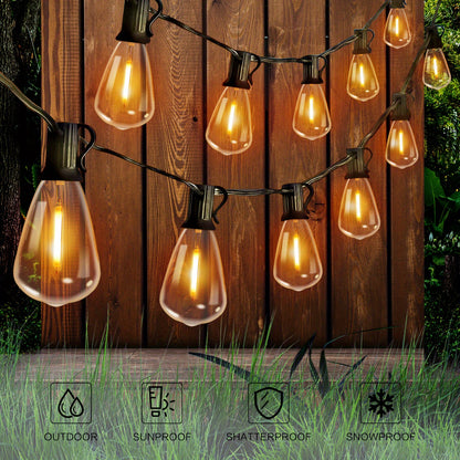 Solar Outdoor String Lights 50FT 100FT 2700K Warm White Patio String Lights USB Rechargeable Breakproof ST38 Bulb Weather Resistant for Backyard Porch Pool Garden