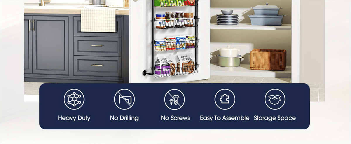 Door Mounted Spice Rack Organizer 6-Tier Metal Pantry Door Shelf for Kitchen, Bathroom, Laundry Room & Pantry – Non-Scratch Wall Storage Basket in Black or White