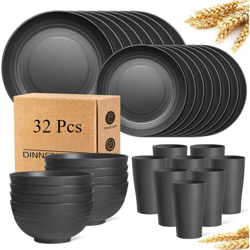 Wheat Straw Dinnerware Set Unbreakable – 16 or 32 Piece Lightweight Dish Set with Dinner Plates, Dessert Plates, Bowls & Cups, Dishwasher & Microwave Safe, Service for 4 or 8, Black or White