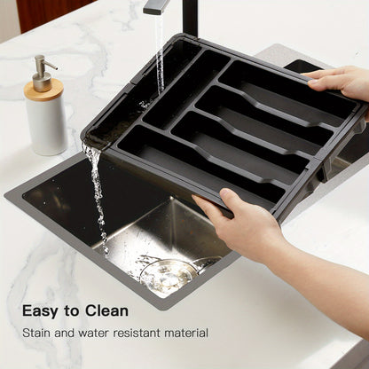 Expandable Cutlery Tray Drawer Organizer with Labels, Adjustable Silverware Holder for Kitchen Utensils Knives Forks Spoons, Fits Most Bedroom Living Room and Kitchen Drawers