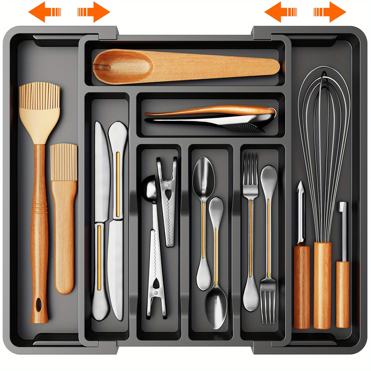Expandable Cutlery Tray Drawer Organizer with Labels, Adjustable Silverware Holder for Kitchen Utensils Knives Forks Spoons, Fits Most Bedroom Living Room and Kitchen Drawers