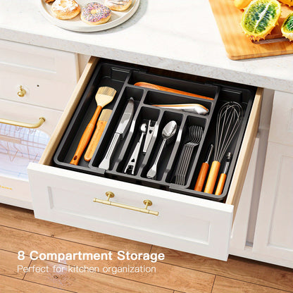 Expandable Cutlery Tray Drawer Organizer with Labels, Adjustable Silverware Holder for Kitchen Utensils Knives Forks Spoons, Fits Most Bedroom Living Room and Kitchen Drawers