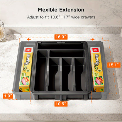 Expandable Cutlery Tray Drawer Organizer with Labels, Adjustable Silverware Holder for Kitchen Utensils Knives Forks Spoons, Fits Most Bedroom Living Room and Kitchen Drawers