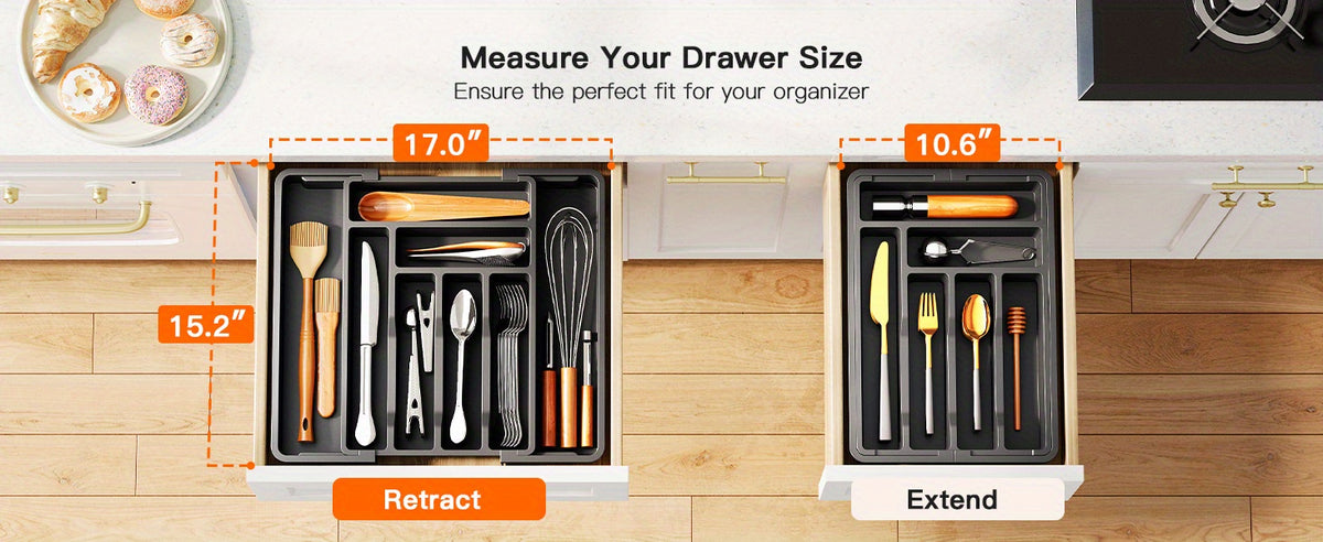Expandable Cutlery Tray Drawer Organizer with Labels, Adjustable Silverware Holder for Kitchen Utensils Knives Forks Spoons, Fits Most Bedroom Living Room and Kitchen Drawers